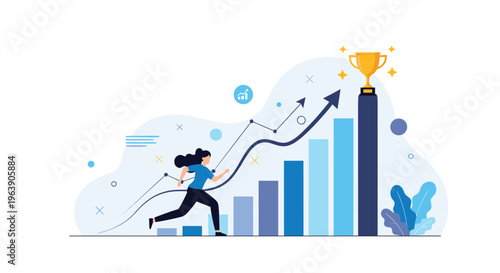Active woman running up blue bar chart toward golden trophy cup illustrating path to corporate achievement.
