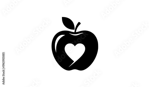 Creative black apple silhouette with heart negative space minimalist vector icon for wellness nutrition branding