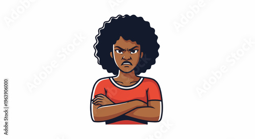 A cartoon of a woman with dark curly hair, arms crossed, looking angry