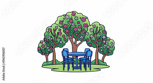 A cartoon outdoor seating area with a blue table and chairs under flowering trees