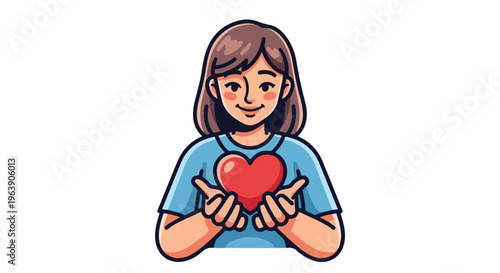 A cartoon person holds a red heart with outstretched hands