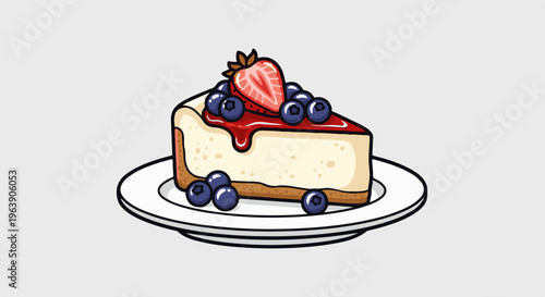 A cartoon slice of cheesecake with blueberries and strawberry topping