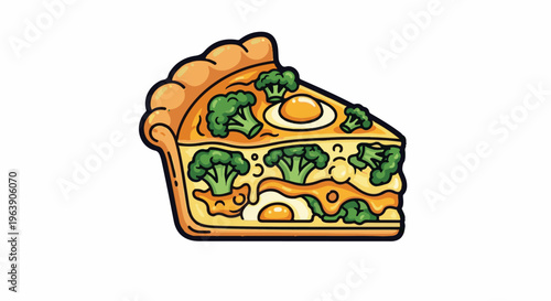 A cartoon slice of quiche with broccoli and eggs on a white background