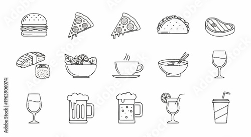 Assorted Food and Drink Line Art Icons Collection.