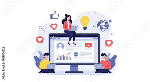 Team of people working around giant computer monitor with various social media icons and data growth charts.