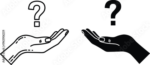 Two hands with question marks above vector illustration on transparent background.