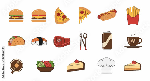 Assortment of Food Icons - Burgers, Pizza, Hot Dogs, and More.
