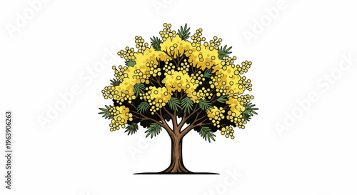 A cartoon-style illustration of a lush tree adorned with abundant yellow blossoms