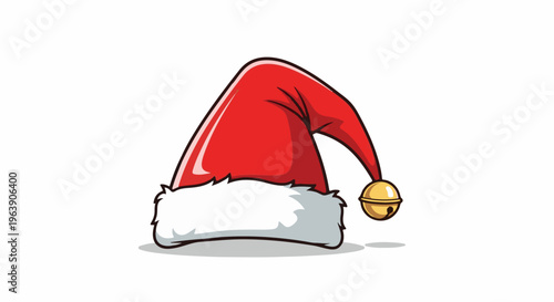 A cartoon-style red Santa hat with a white fuzzy trim and a golden bell