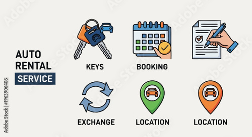 Auto Rental Service Icons - Keys, Booking, Exchange, and Location.