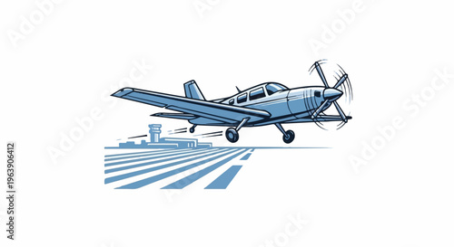 A cartoon-style single engine airplane is depicted taking off from a runway