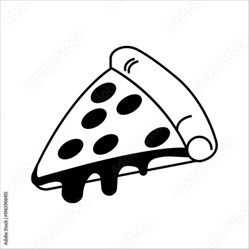 Hand drawn sketch pizza slice. Pizza with salami,mushrooms, basil leaf and melted cheese for pizzeria package and menu designs. Vector illustration.
