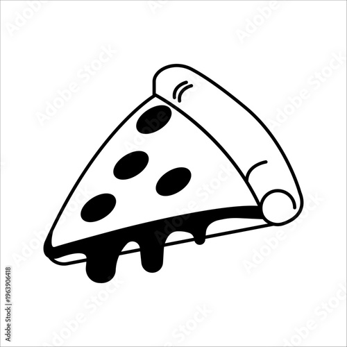 Hand drawn sketch pizza slice. Pizza with salami,mushrooms, basil leaf and melted cheese for pizzeria package and menu designs. Vector illustration.
