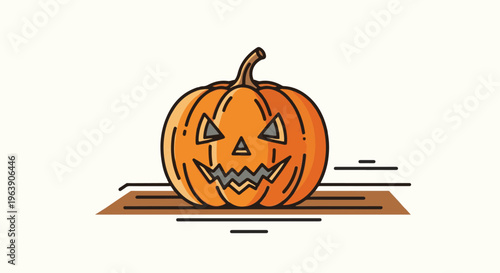 A carved, grinning jack-o'-lantern sits on a brown platform with black lines