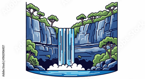 A cascading waterfall plunges into a misty pool surrounded by lush foliage and rocky cliffs