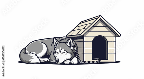 A chained husky sleeps peacefully next to its simple doghouse