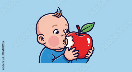 A cartoon baby in a blue shirt bites into a bright red apple