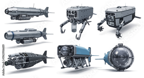 Set of Futuristic Underwater Exploration Drones and Submersible Vehicles