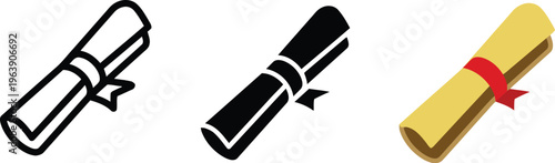 Three illustrations of rolled up documents with ribbons