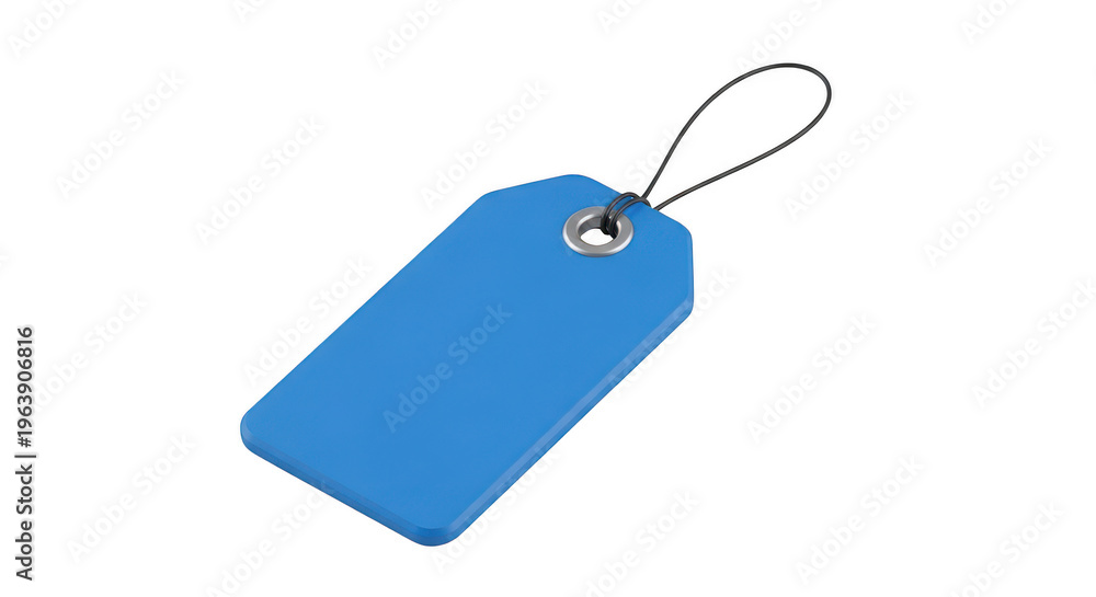 Fototapeta premium A single blue merchandise price tag with a metallic grommet and a black string loop attachment isolated on transparent background,png