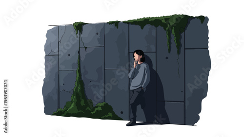Person Leaning Against Mossy Concrete Wall, Urban Decay Concept Art