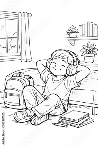 Simple vector of a boy relaxing in his bedroom after school, listening to music with headphones, with his bag and notebook beside him in a calm atmosphere.