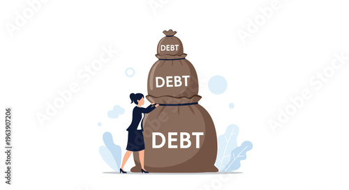 Stressed businesswoman in corporate attire trying to push a heavy stack of large bags labeled with the word debt.