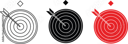 Target board with arrow in center for accuracy goal achievement and success with different styles.
