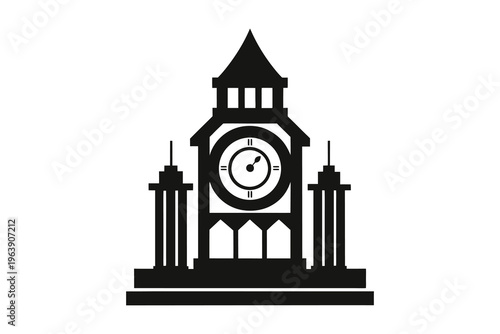 Stylized clock tower silhouette, classic building design, European architecture, historical monument, vector art illustration, vector illustration captures the essence of a classic monument