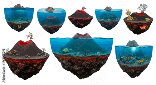 Set of Cross Section Volcanic Islands and Underwater Coral Reefs