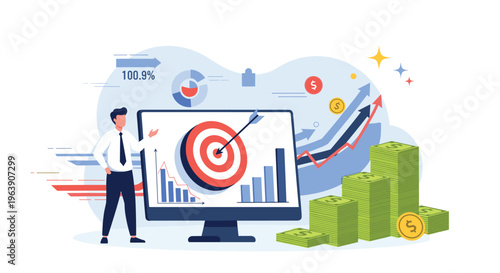 Successful businessman standing by a computer screen showing a bullseye target and financial growth chart graphics.