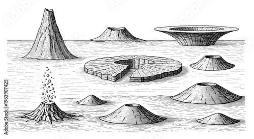 Set of Various Volcano Types and Geological Formations Illustration