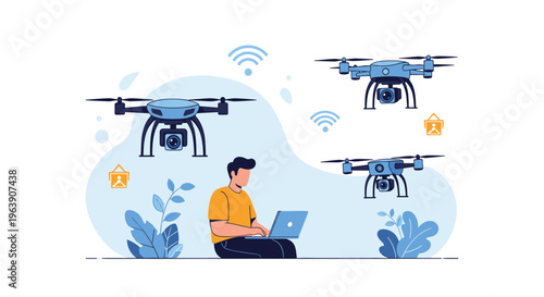 Technician sitting comfortably while controlling multiple flying delivery drones with a laptop computer in the air.