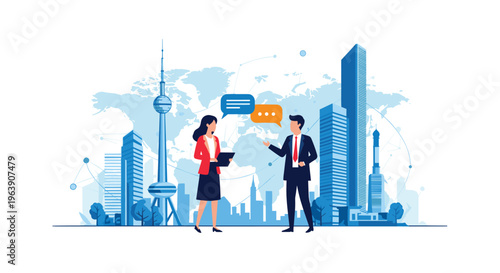 Business partners having a conversation in front of a global city skyline with a world map and speech bubbles background.