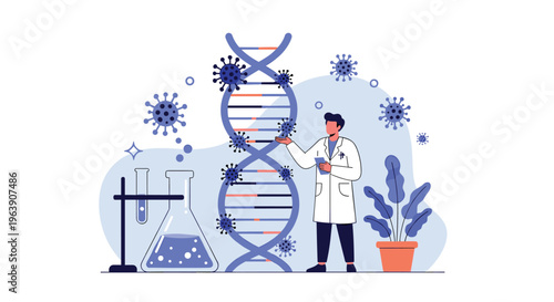 Male scientist in a white laboratory coat examining a massive DNA double helix surrounded by various virus particles.