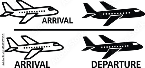Airport arrival and departure icons with airplane silhouettes and text labels for navigation signage.