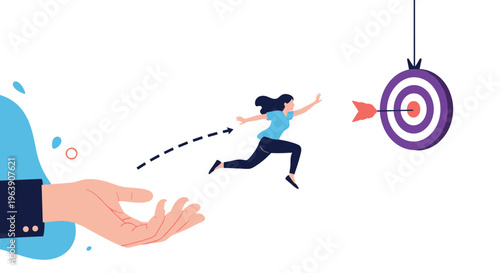 Young woman jumping from a giant helping hand towards a purple target to achieve her personal and professional goals.