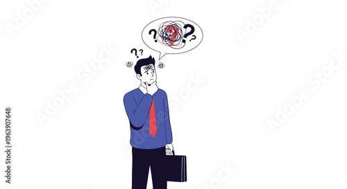 Confused businessman with a tie holding a briefcase while experiencing many complex thoughts and question marks.