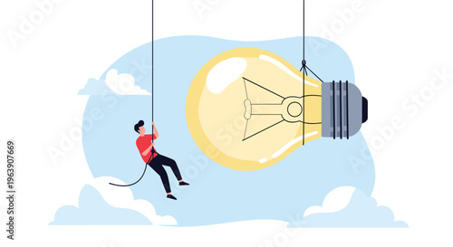 Determined man climbing up a rope towards a giant hanging light bulb in the sky representing a search for ideas.