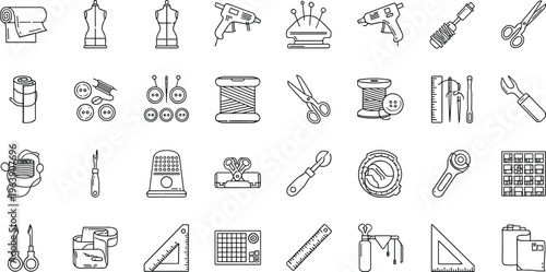 Tailoring and sewing tools line icons set featuring scissors thread needles and dressmaker mannequins.