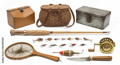 Vintage Fishing Gear Collection with Rod, Reel, and Lures
