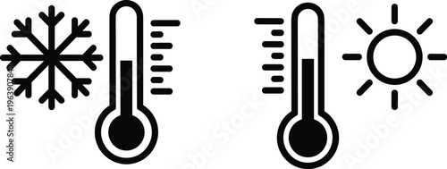 Thermometer icons with snowflake for cold and sun for hot weather indicating temperature measurement.