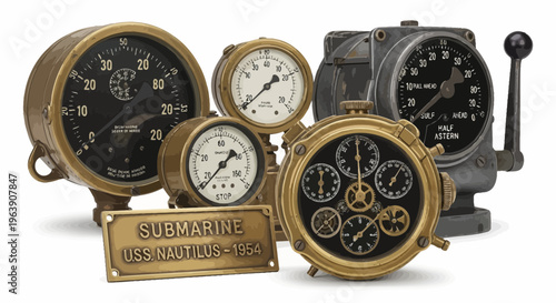 Vintage Submarine Control Gauges and Nautical Instruments