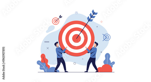 Two business partners collaborating to hold up a giant red and white target with a single arrow hitting the center.