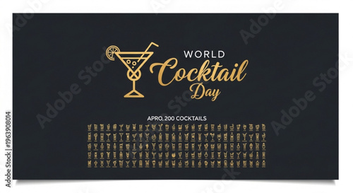 World cocktail day poster with gold text and martini glass on black background