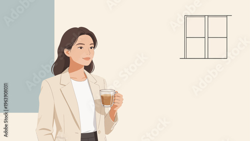 Woman holding coffee cup in office setting