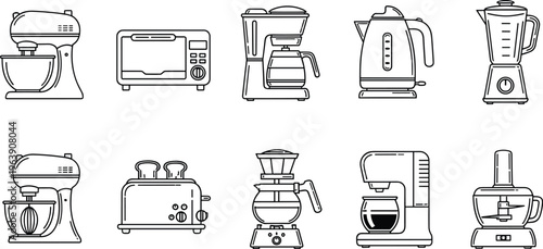 Set of kitchen appliances vector line icons on transparent background for cooking at home.