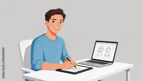 Man drawing on digital tablet at desk