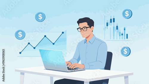 Man working on laptop with financial charts