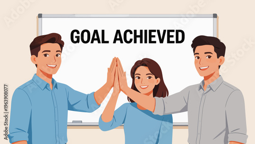 three people celebrating goal achievement